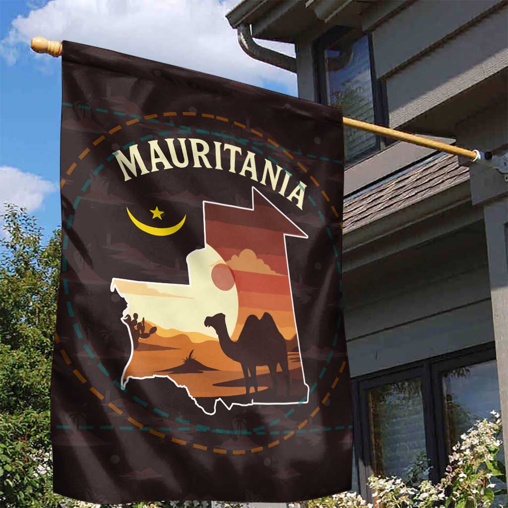 Mauritania Garden Flag with Desert Sunset Camel Silhouette and Flag Accents