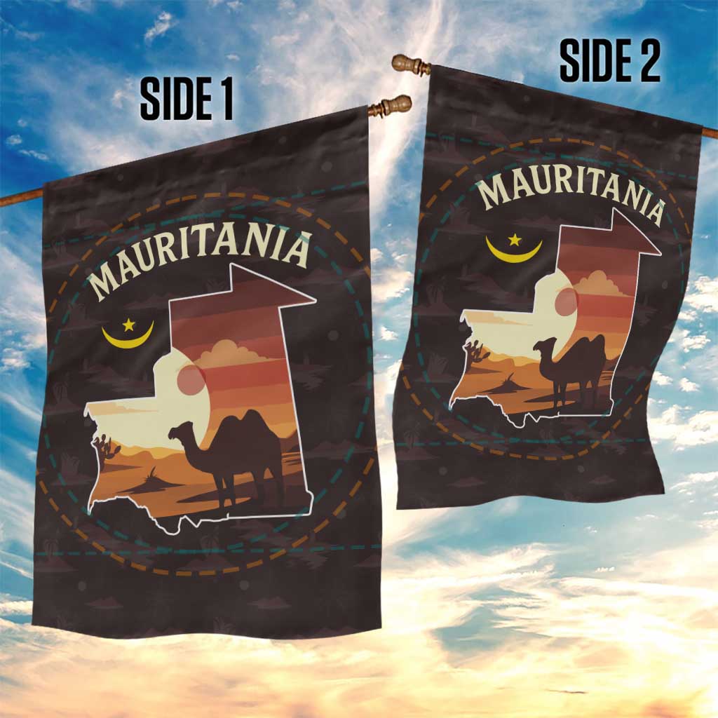 Mauritania Garden Flag with Desert Sunset Camel Silhouette and Flag Accents