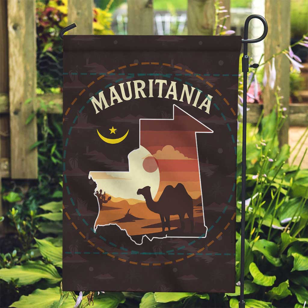 Mauritania Garden Flag with Desert Sunset Camel Silhouette and Flag Accents