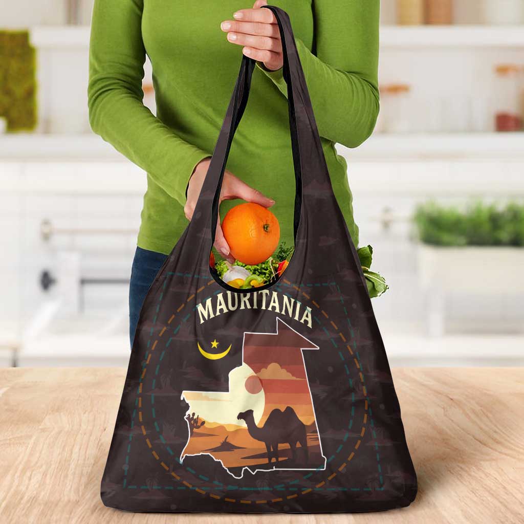 Mauritania Grocery Bag with Desert Sunset Camel Silhouette and Flag Accents