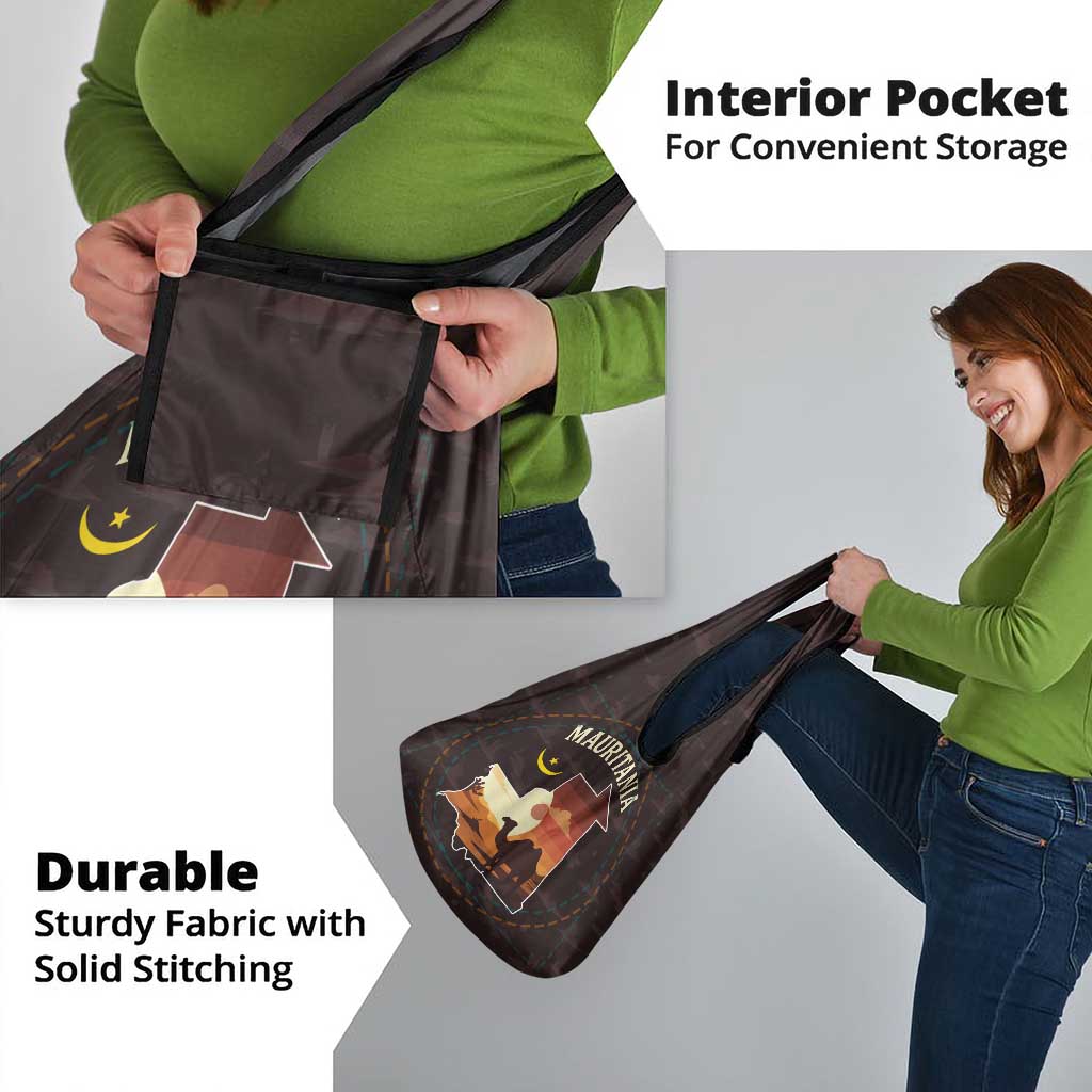 Mauritania Grocery Bag with Desert Sunset Camel Silhouette and Flag Accents