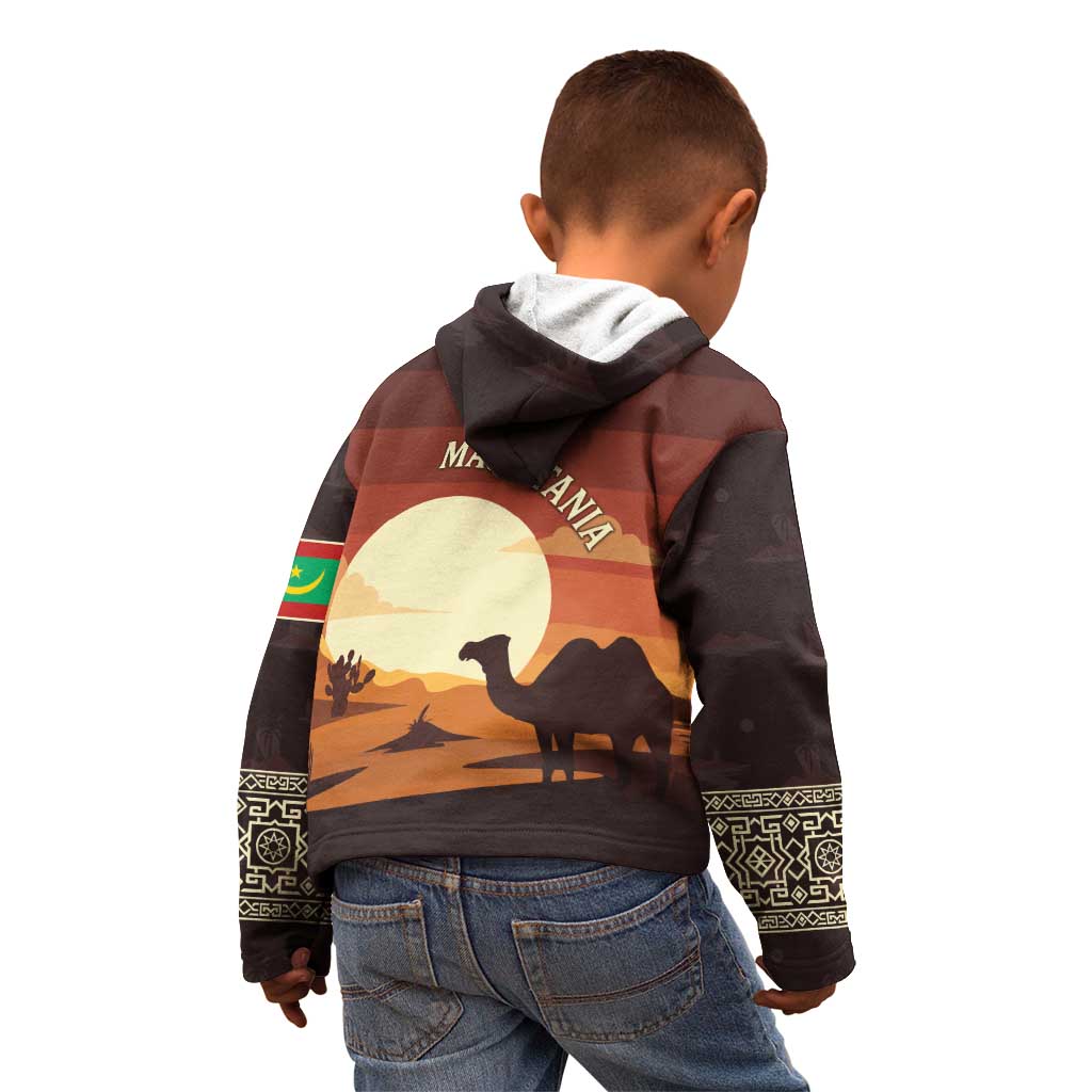 Mauritania Kid Hoodie with Desert Sunset Camel Silhouette and Flag Accents