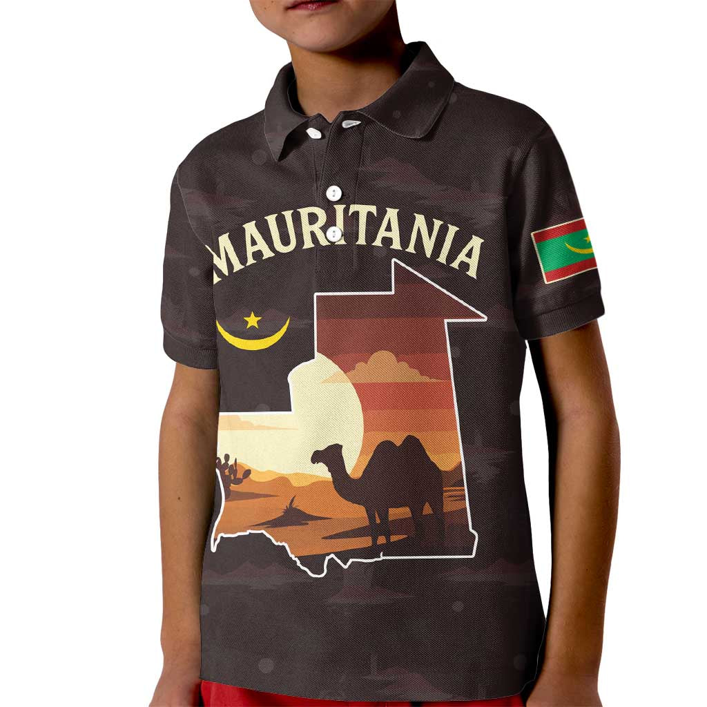 Mauritania Kid Polo Shirt with Desert Sunset Camel Silhouette and Flag Accents