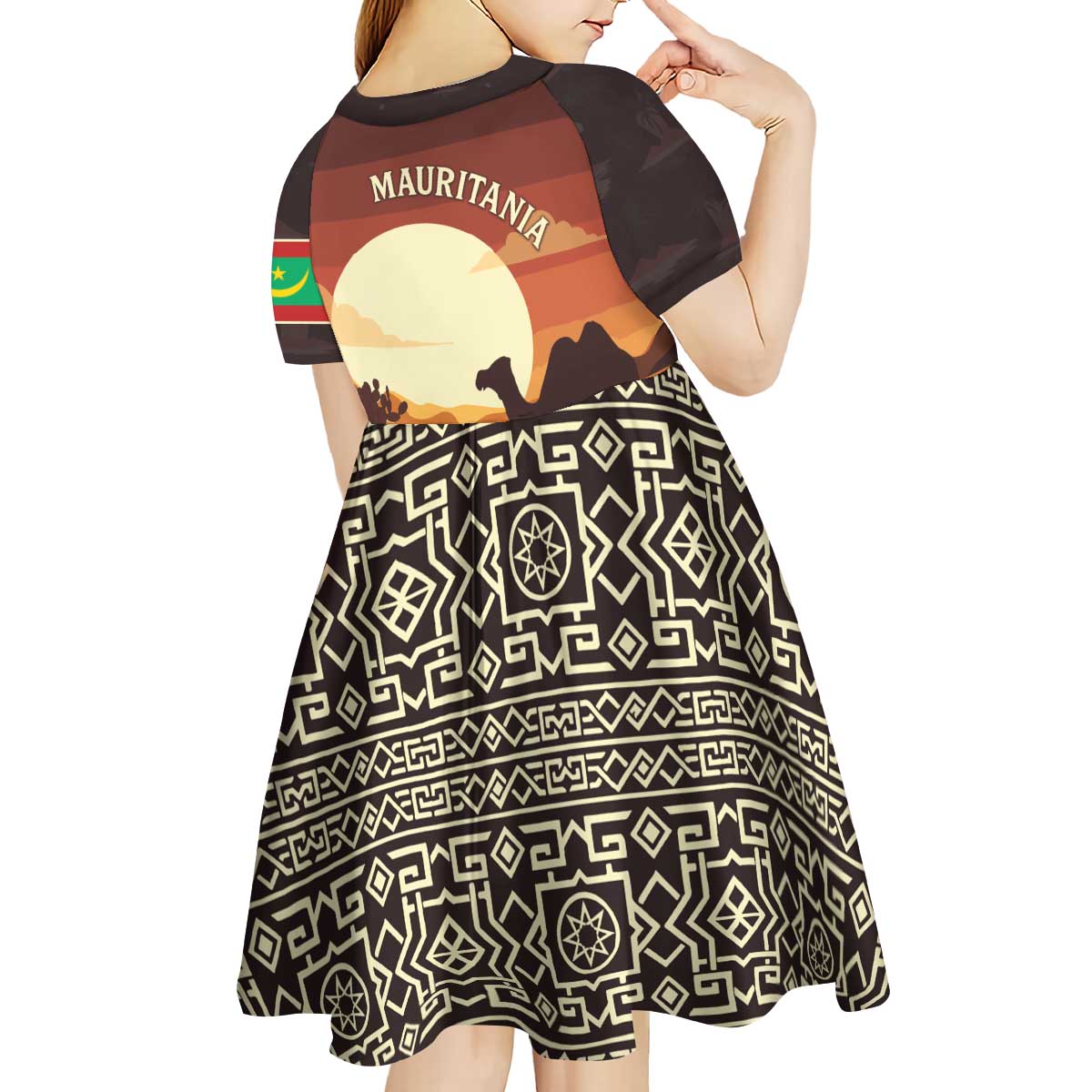 Mauritania Kid Short Sleeve Dress with Desert Sunset Camel Silhouette and Flag Accents