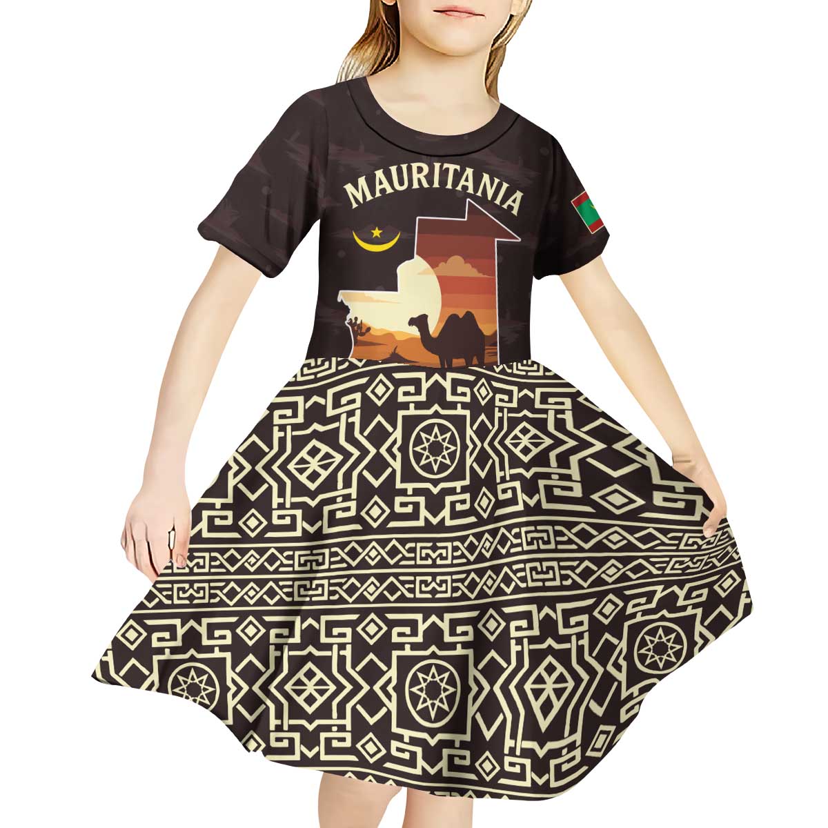 Mauritania Kid Short Sleeve Dress with Desert Sunset Camel Silhouette and Flag Accents