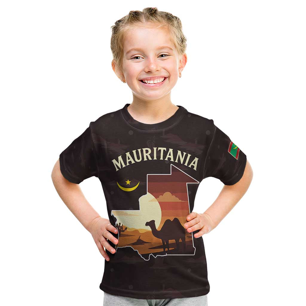 Mauritania Kid T Shirt with Desert Sunset Camel Silhouette and Flag Accents