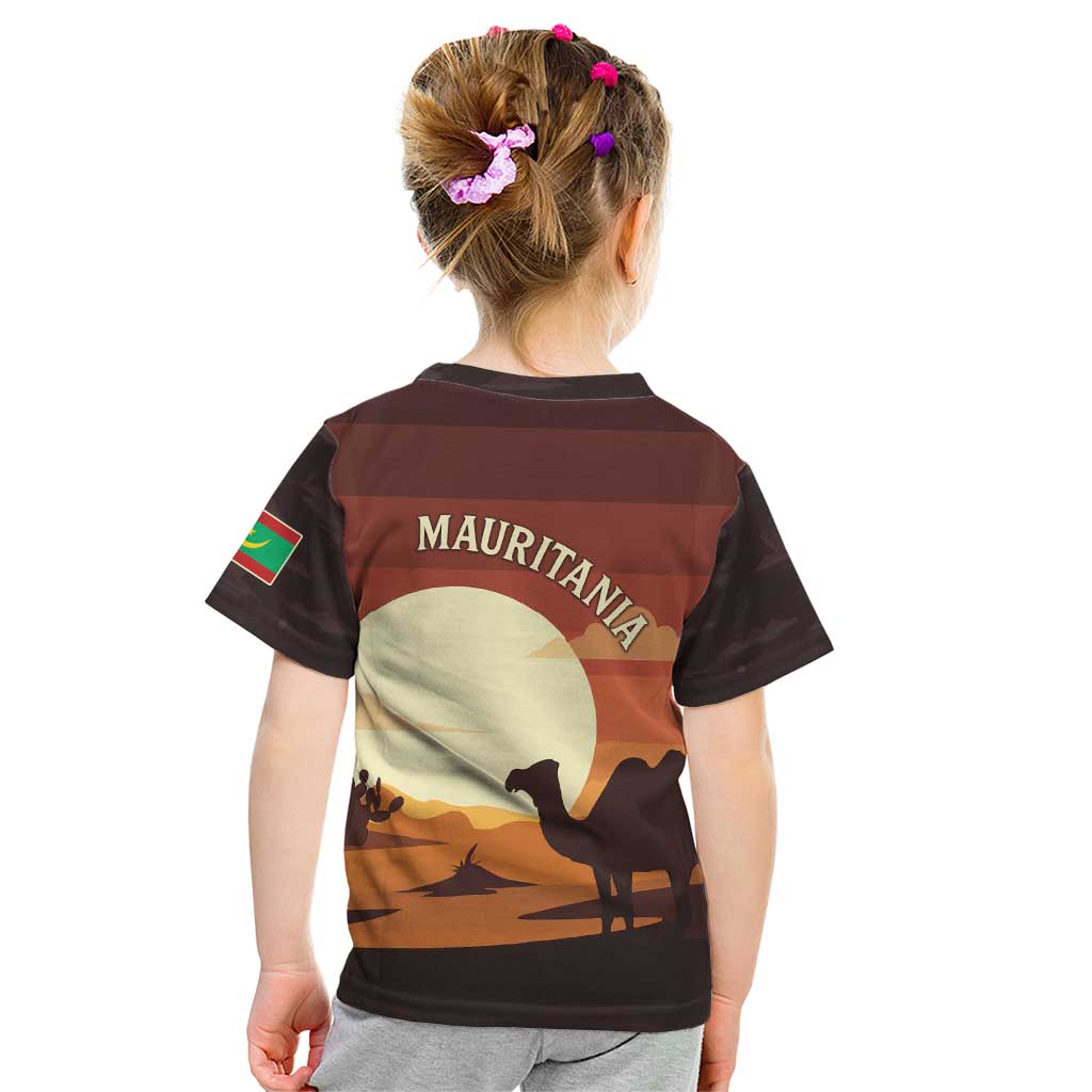 Mauritania Kid T Shirt with Desert Sunset Camel Silhouette and Flag Accents