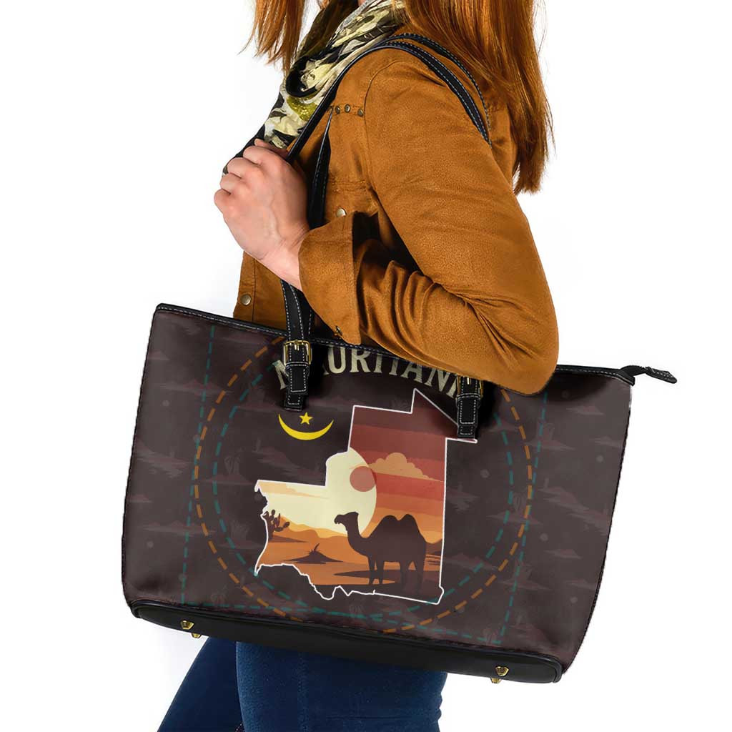 Mauritania Leather Tote Bag with Desert Sunset Camel Silhouette and Flag Accents