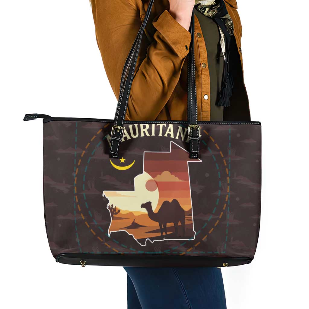 Mauritania Leather Tote Bag with Desert Sunset Camel Silhouette and Flag Accents