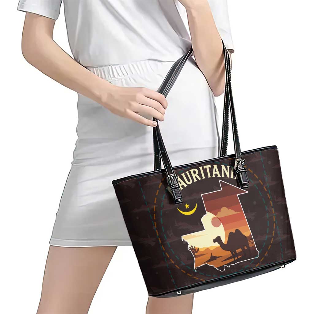 Mauritania Leather Tote Bag with Desert Sunset Camel Silhouette and Flag Accents