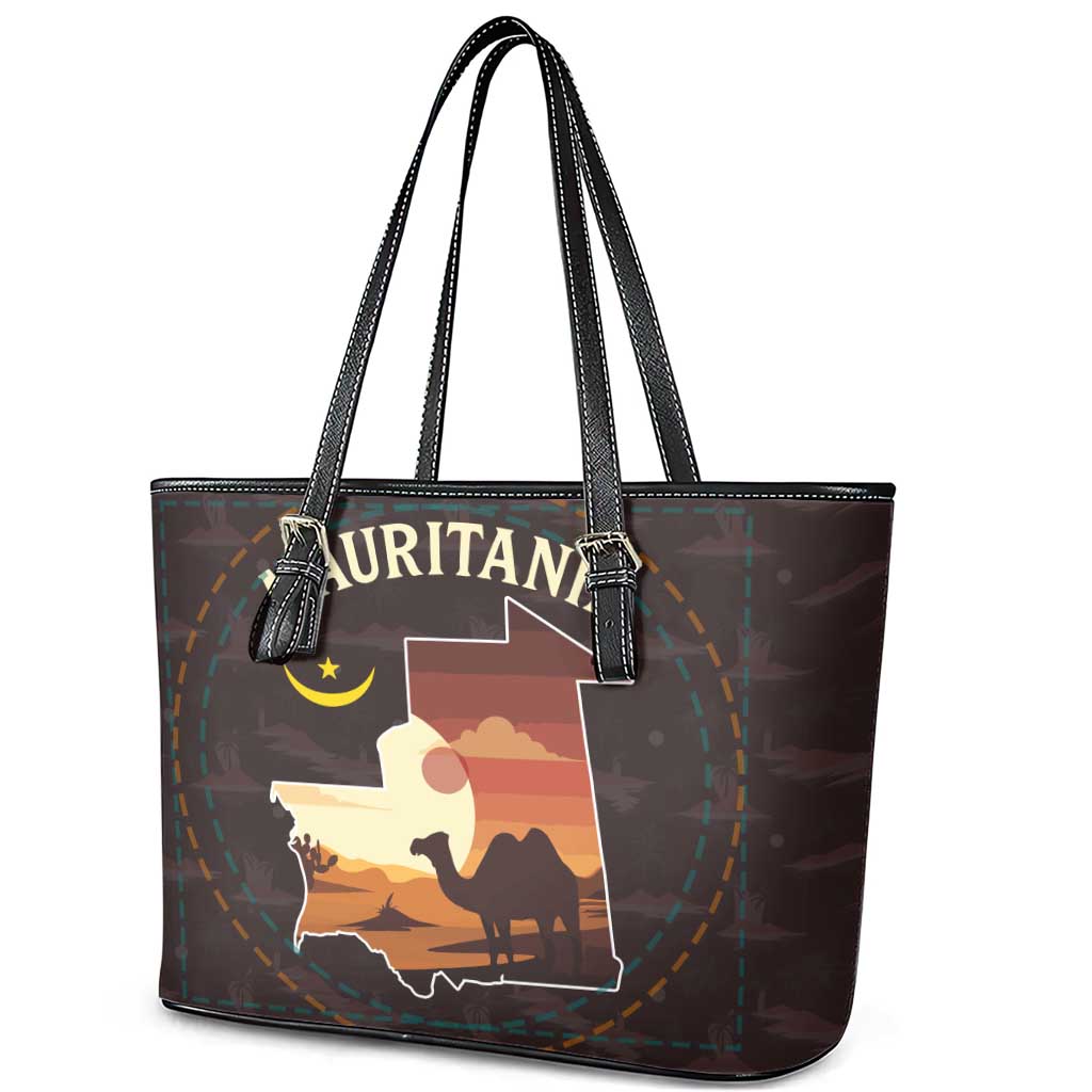 Mauritania Leather Tote Bag with Desert Sunset Camel Silhouette and Flag Accents
