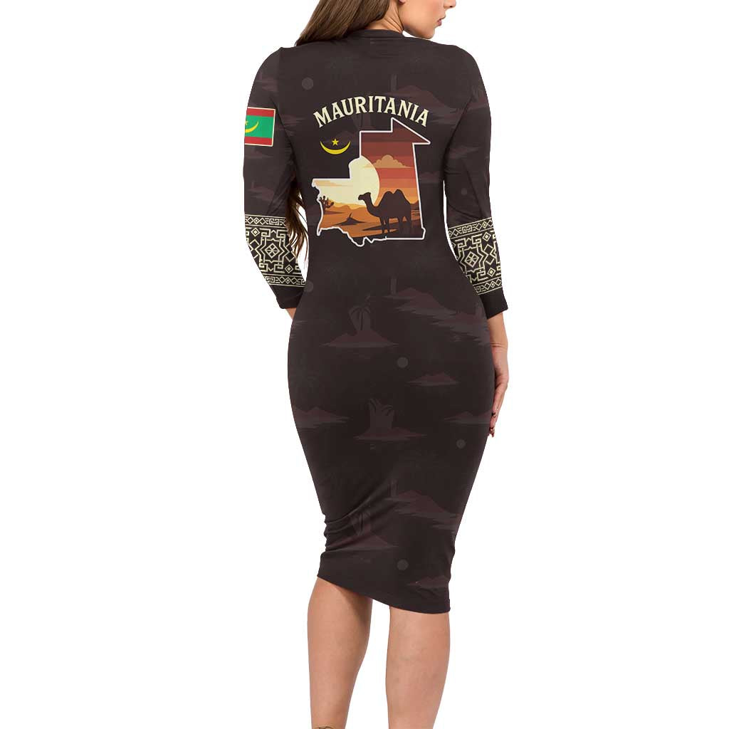 Mauritania Long Sleeve Bodycon Dress with Desert Sunset Camel Silhouette and Flag Accents