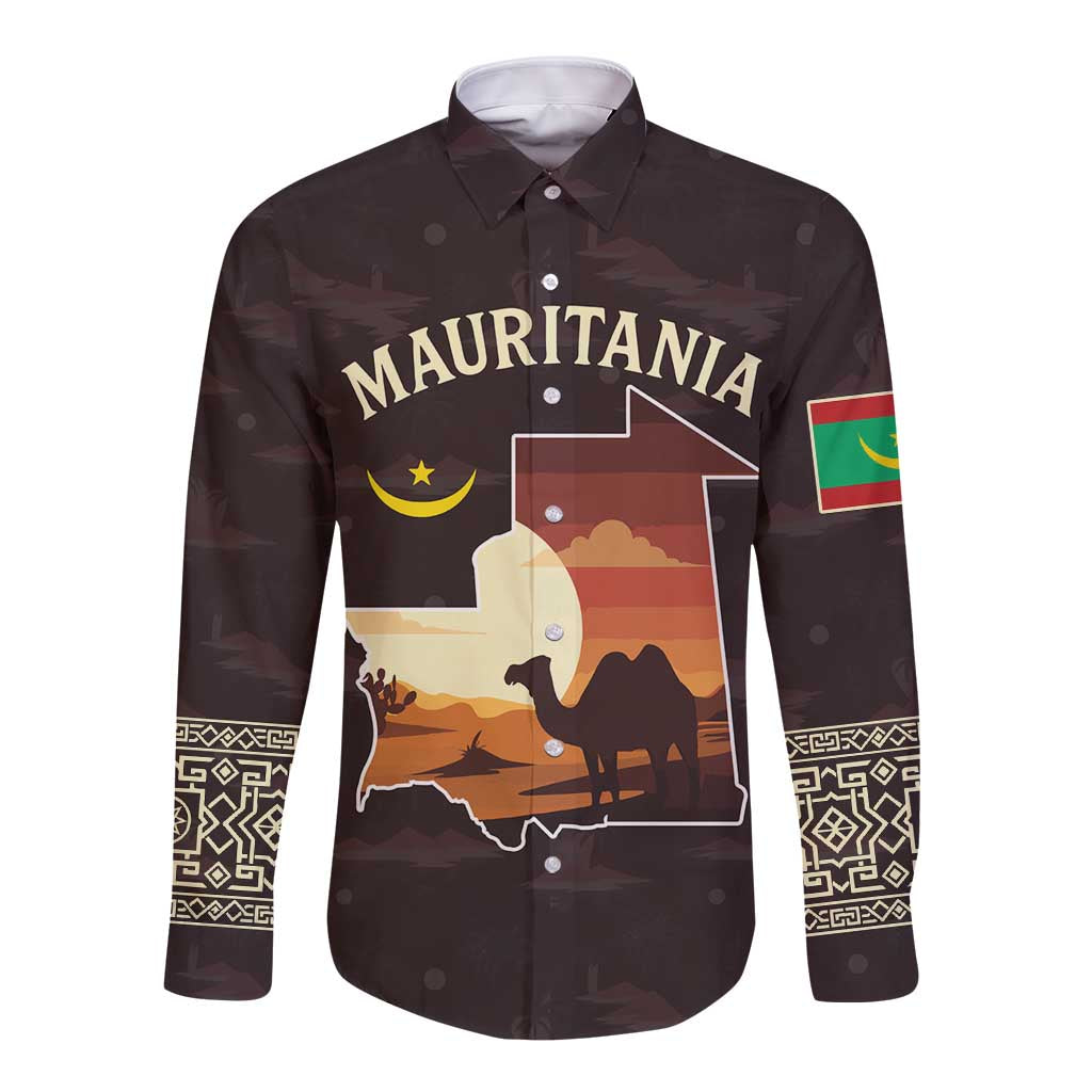 Mauritania Long Sleeve Button Shirt with Desert Sunset Camel Silhouette and Flag Accents