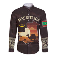 Mauritania Long Sleeve Button Shirt with Desert Sunset Camel Silhouette and Flag Accents