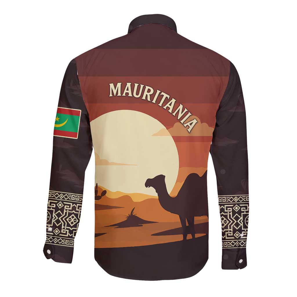 Mauritania Long Sleeve Button Shirt with Desert Sunset Camel Silhouette and Flag Accents