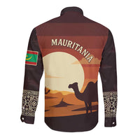 Mauritania Long Sleeve Button Shirt with Desert Sunset Camel Silhouette and Flag Accents