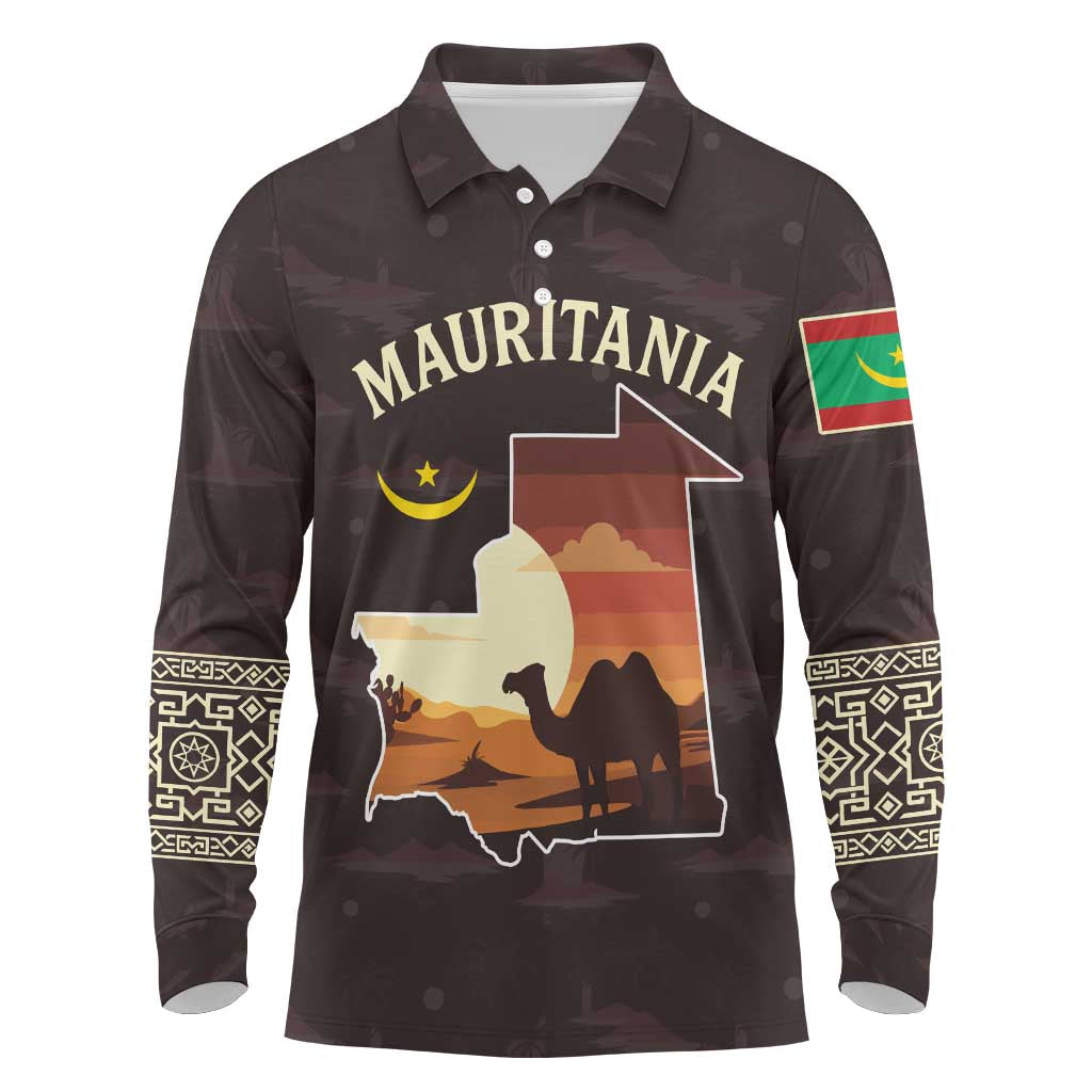 Mauritania Long Sleeve Polo Shirt with Desert Sunset Camel Silhouette and Flag Accents