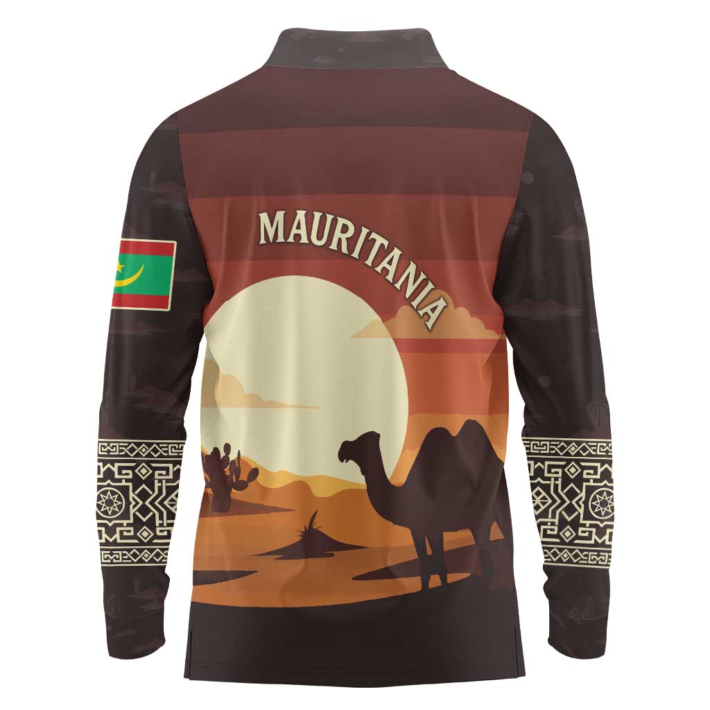Mauritania Long Sleeve Polo Shirt with Desert Sunset Camel Silhouette and Flag Accents