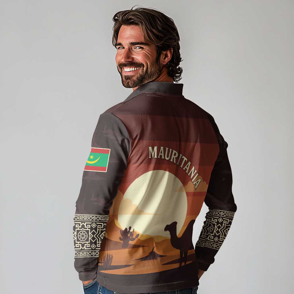 Mauritania Long Sleeve Polo Shirt with Desert Sunset Camel Silhouette and Flag Accents