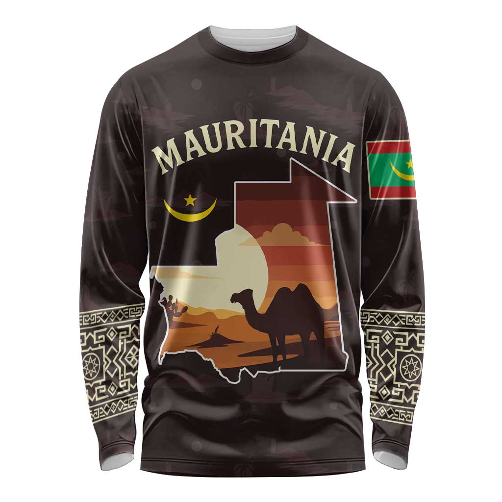 Mauritania Long Sleeve Shirt with Desert Sunset Camel Silhouette and Flag Accents