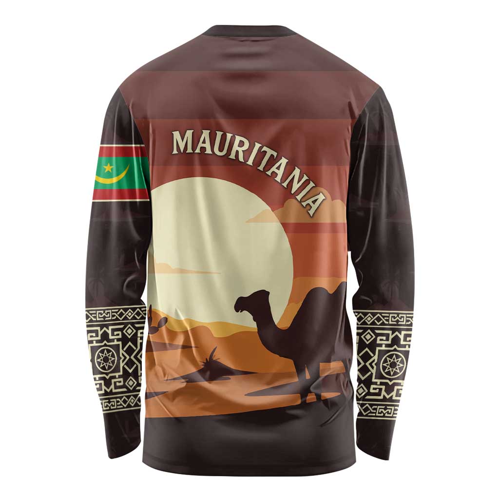 Mauritania Long Sleeve Shirt with Desert Sunset Camel Silhouette and Flag Accents