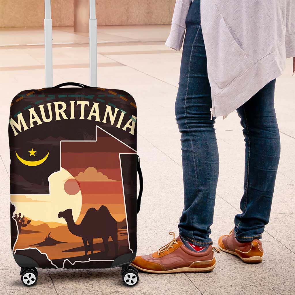 Mauritania Luggage Cover with Desert Sunset Camel Silhouette and Flag Accents