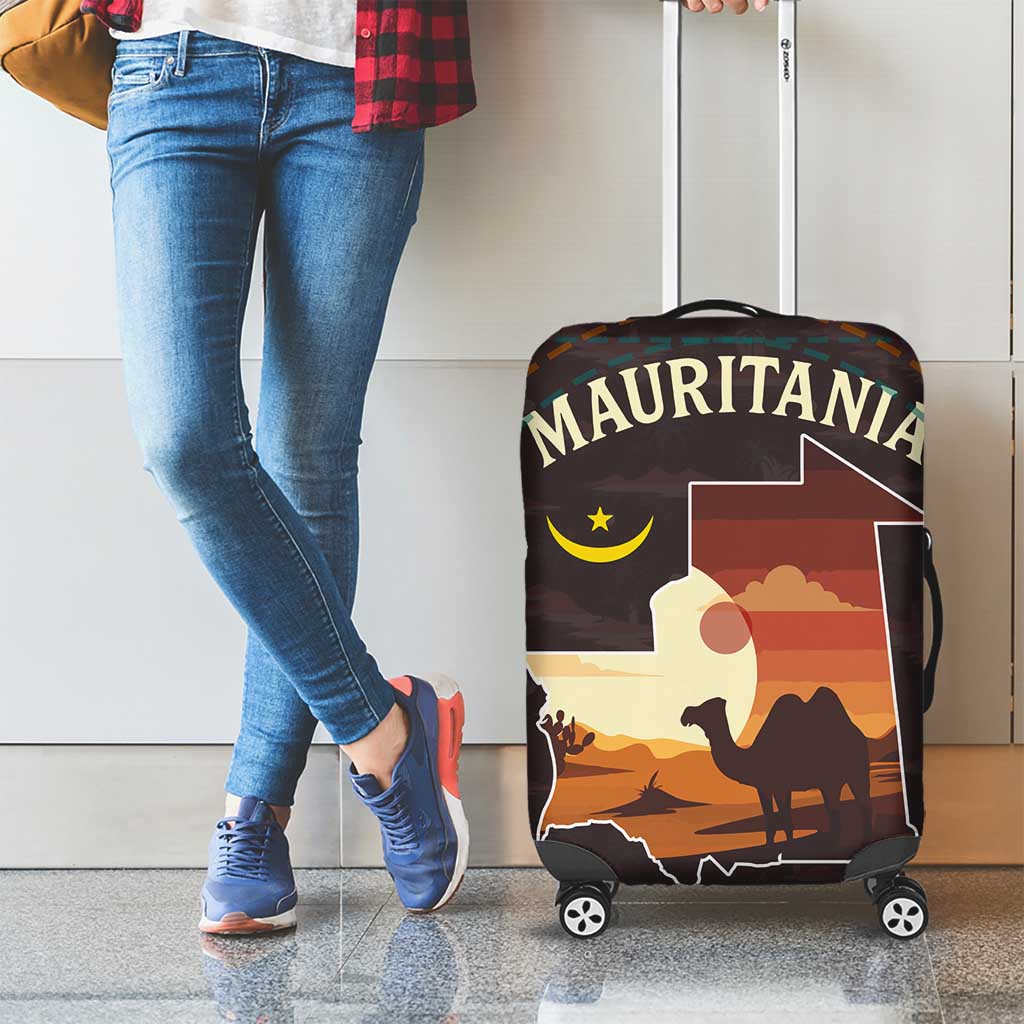 Mauritania Luggage Cover with Desert Sunset Camel Silhouette and Flag Accents