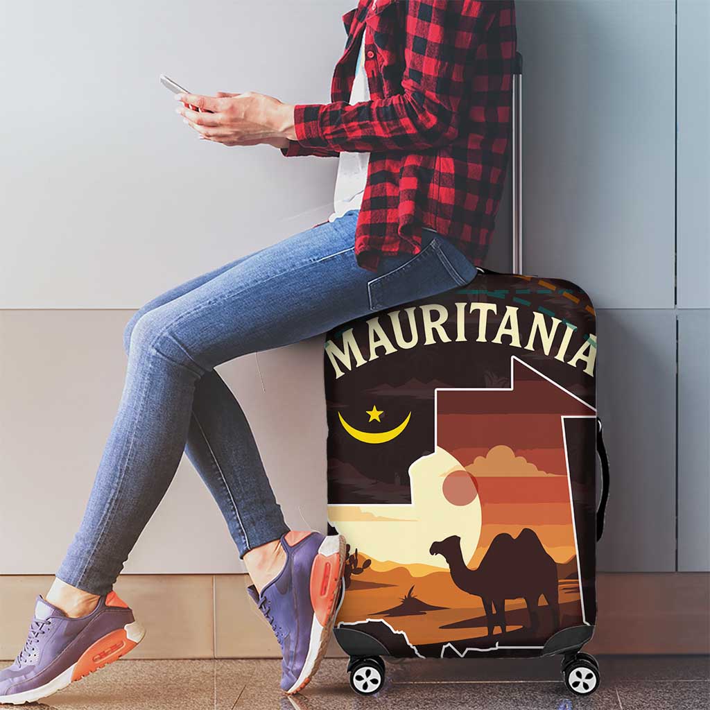 Mauritania Luggage Cover with Desert Sunset Camel Silhouette and Flag Accents
