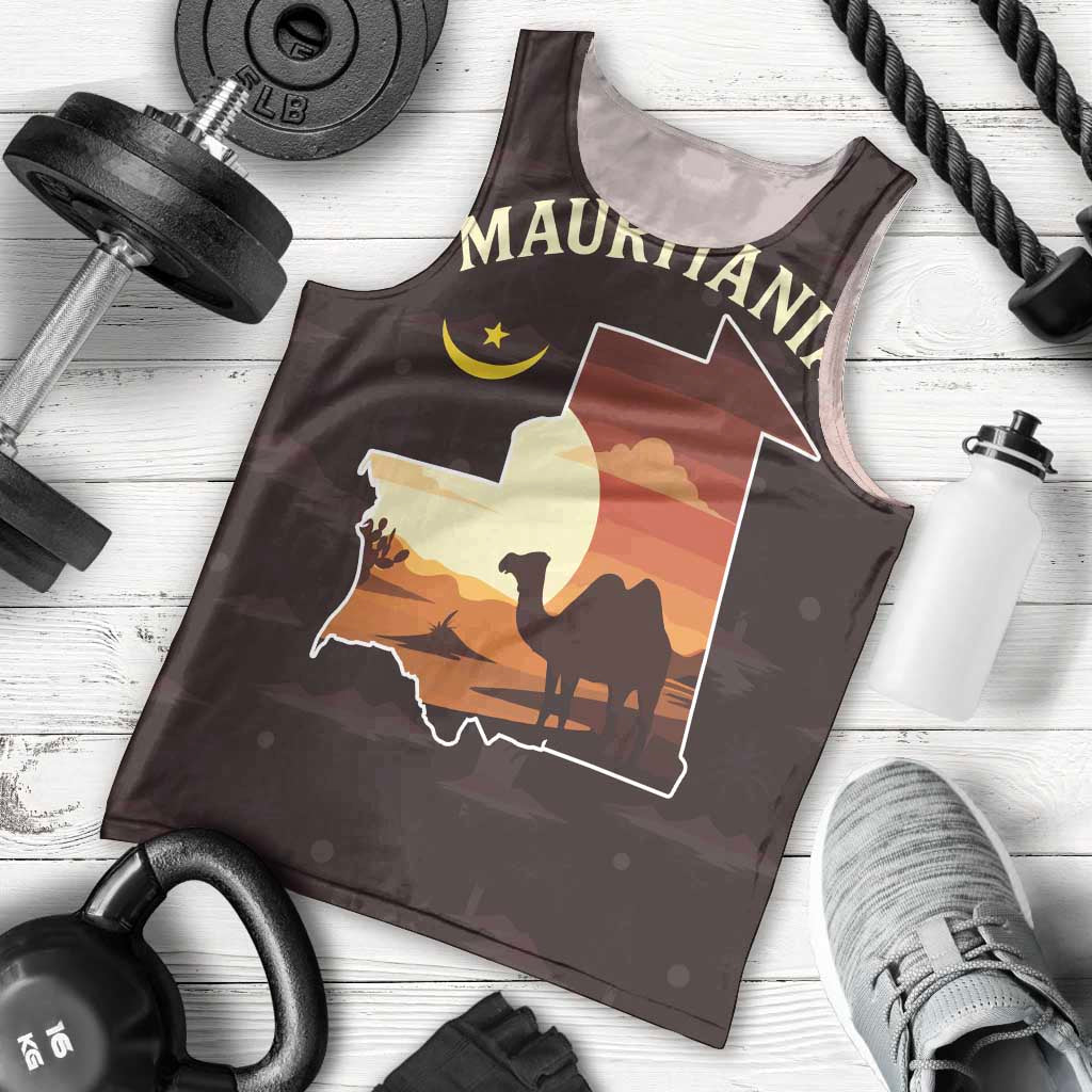 Mauritania Men Tank Top with Desert Sunset Camel Silhouette and Flag Accents