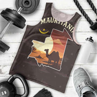 Mauritania Men Tank Top with Desert Sunset Camel Silhouette and Flag Accents