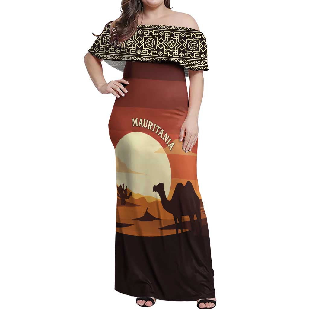 Mauritania Off Shoulder Maxi Dress with Desert Sunset Camel Silhouette and Flag Accents