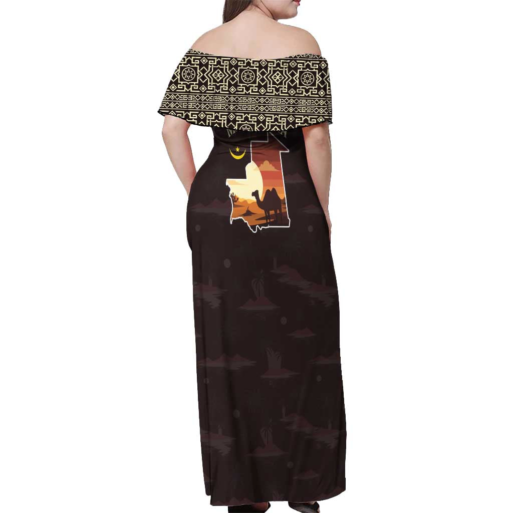 Mauritania Off Shoulder Maxi Dress with Desert Sunset Camel Silhouette and Flag Accents