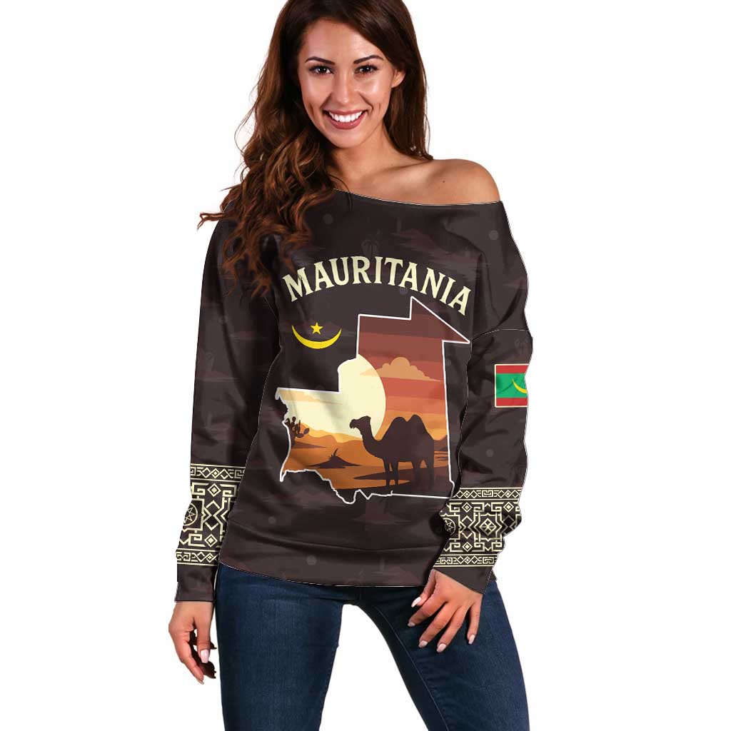 Mauritania Off Shoulder Sweater with Desert Sunset Camel Silhouette and Flag Accents