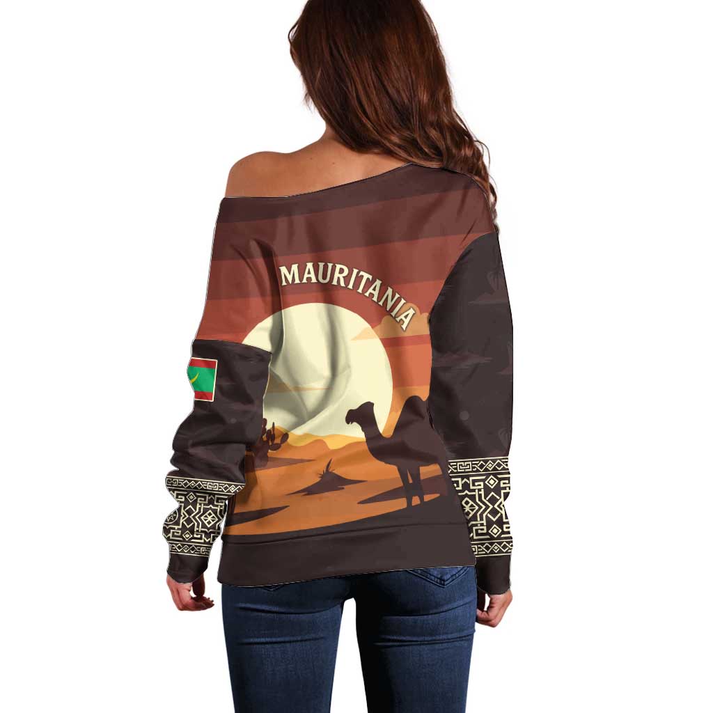 Mauritania Off Shoulder Sweater with Desert Sunset Camel Silhouette and Flag Accents