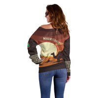 Mauritania Off Shoulder Sweater with Desert Sunset Camel Silhouette and Flag Accents