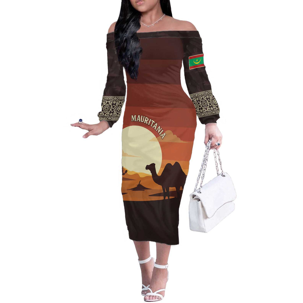 Mauritania Off The Shoulder Long Sleeve Dress with Desert Sunset Camel Silhouette and Flag Accents