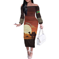Mauritania Off The Shoulder Long Sleeve Dress with Desert Sunset Camel Silhouette and Flag Accents