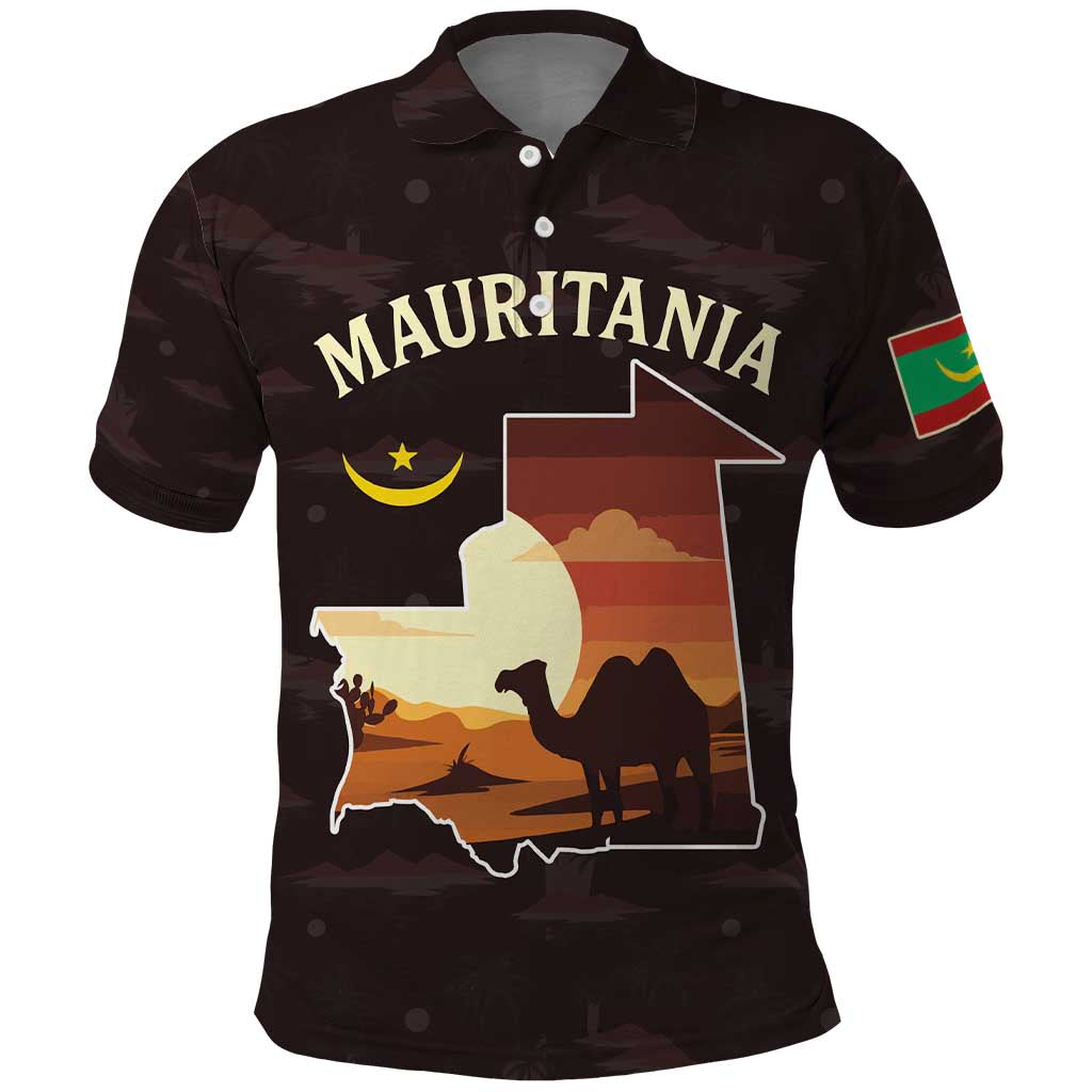 Mauritania Polo Shirt with Desert Sunset Camel Silhouette and Flag Accents