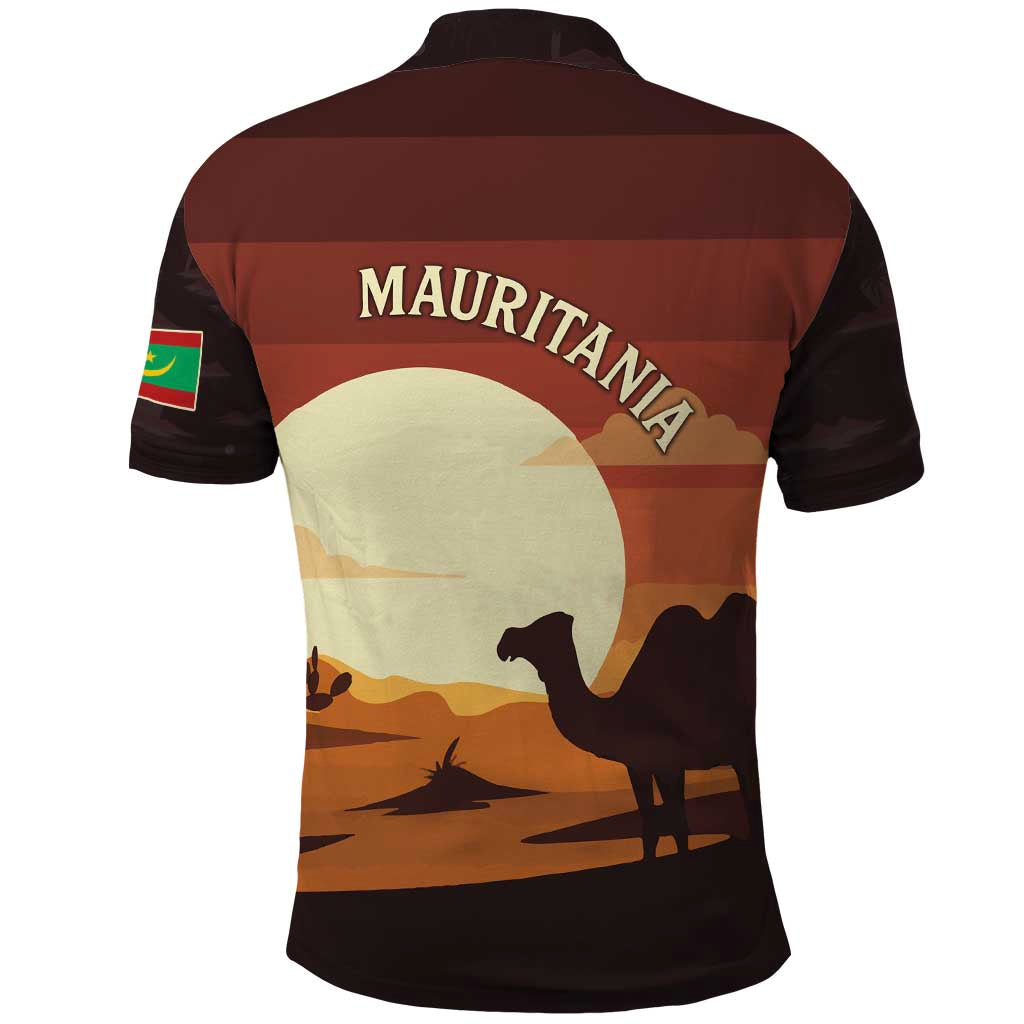 Mauritania Polo Shirt with Desert Sunset Camel Silhouette and Flag Accents