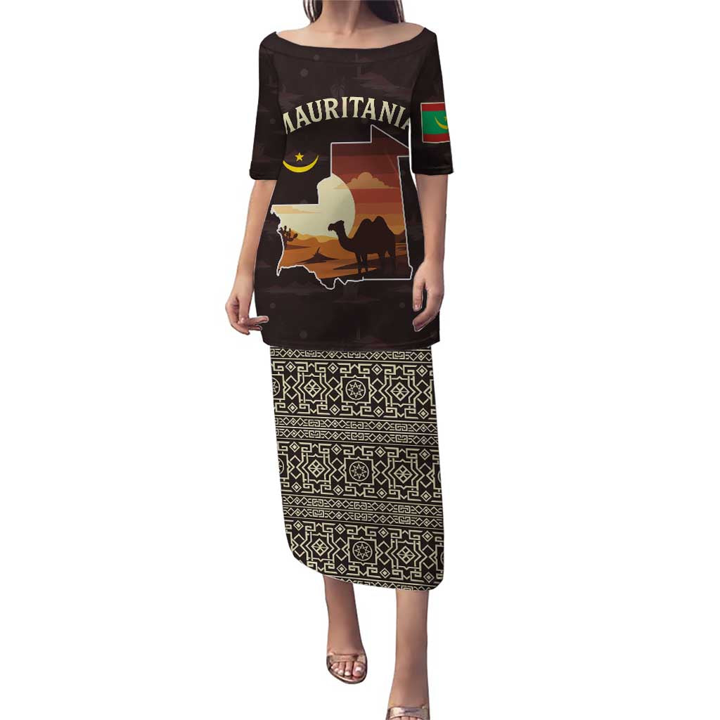 Mauritania Puletasi with Desert Sunset Camel Silhouette and Flag Accents