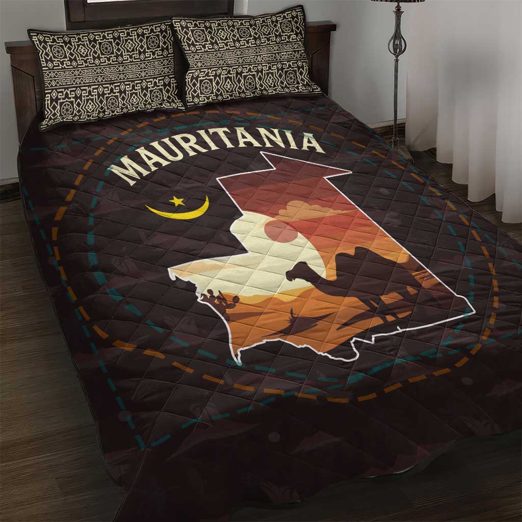 Mauritania Quilt Bed Set with Desert Sunset Camel Silhouette and Flag Accents