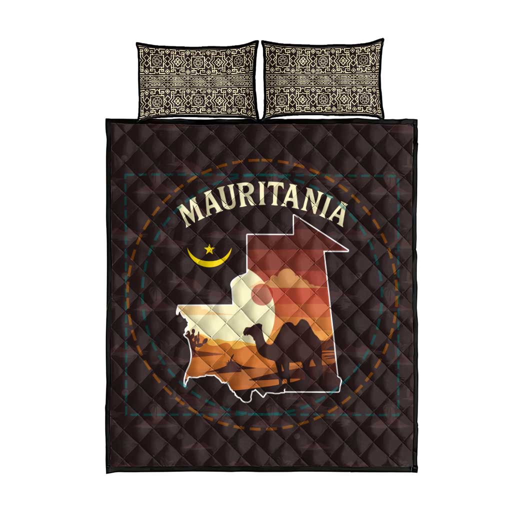 Mauritania Quilt Bed Set with Desert Sunset Camel Silhouette and Flag Accents