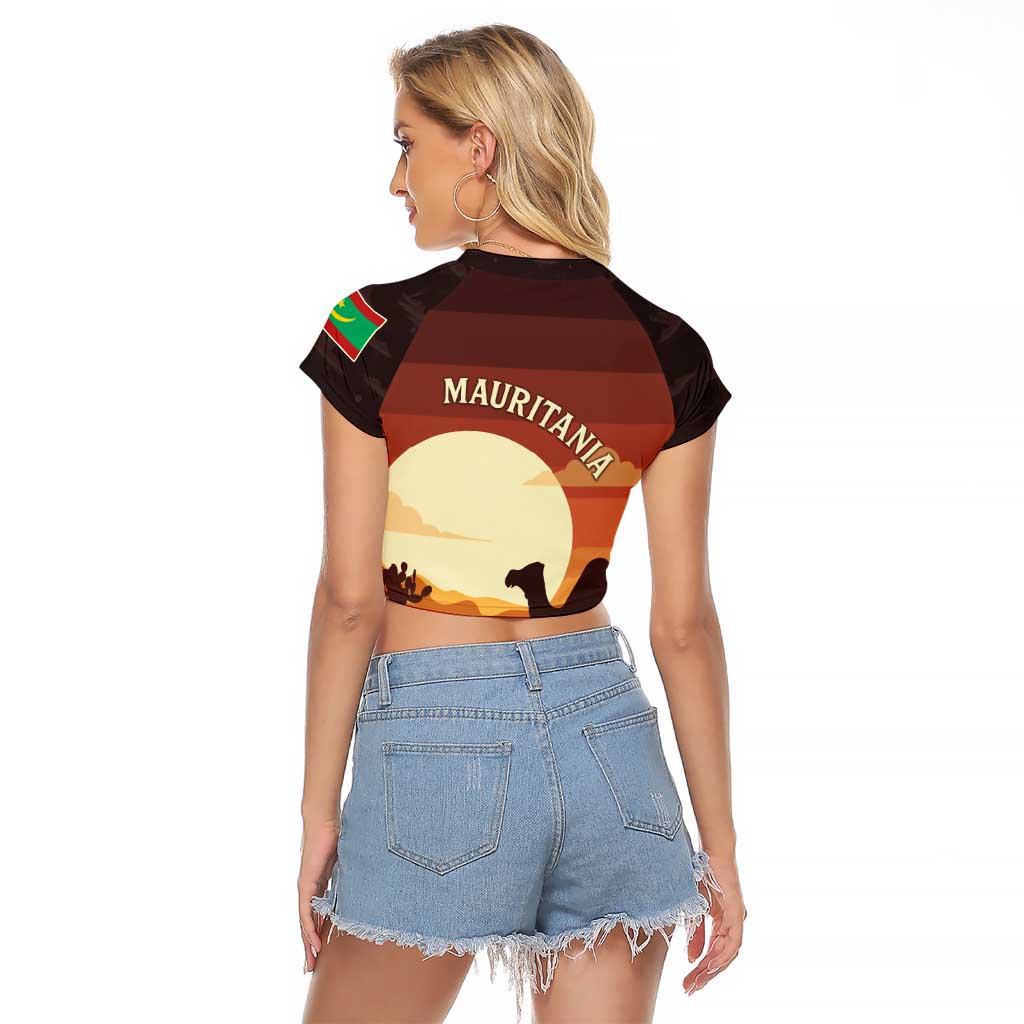 Mauritania Raglan Cropped T Shirt with Desert Sunset Camel Silhouette and Flag Accents
