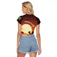 Mauritania Raglan Cropped T Shirt with Desert Sunset Camel Silhouette and Flag Accents