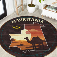 Mauritania Round Carpet with Desert Sunset Camel Silhouette and Flag Accents