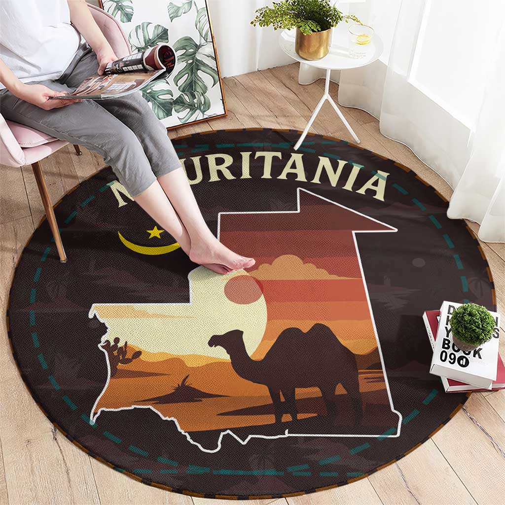 Mauritania Round Carpet with Desert Sunset Camel Silhouette and Flag Accents