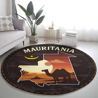 Mauritania Round Carpet with Desert Sunset Camel Silhouette and Flag Accents