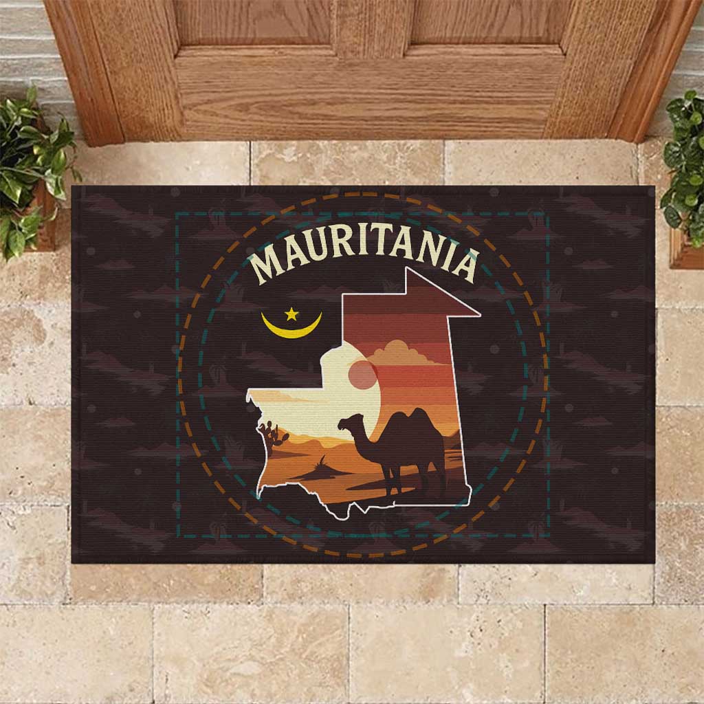 Mauritania Rubber Doormat with Desert Sunset Camel Silhouette and Flag Accents