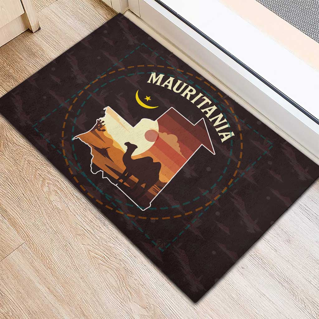 Mauritania Rubber Doormat with Desert Sunset Camel Silhouette and Flag Accents