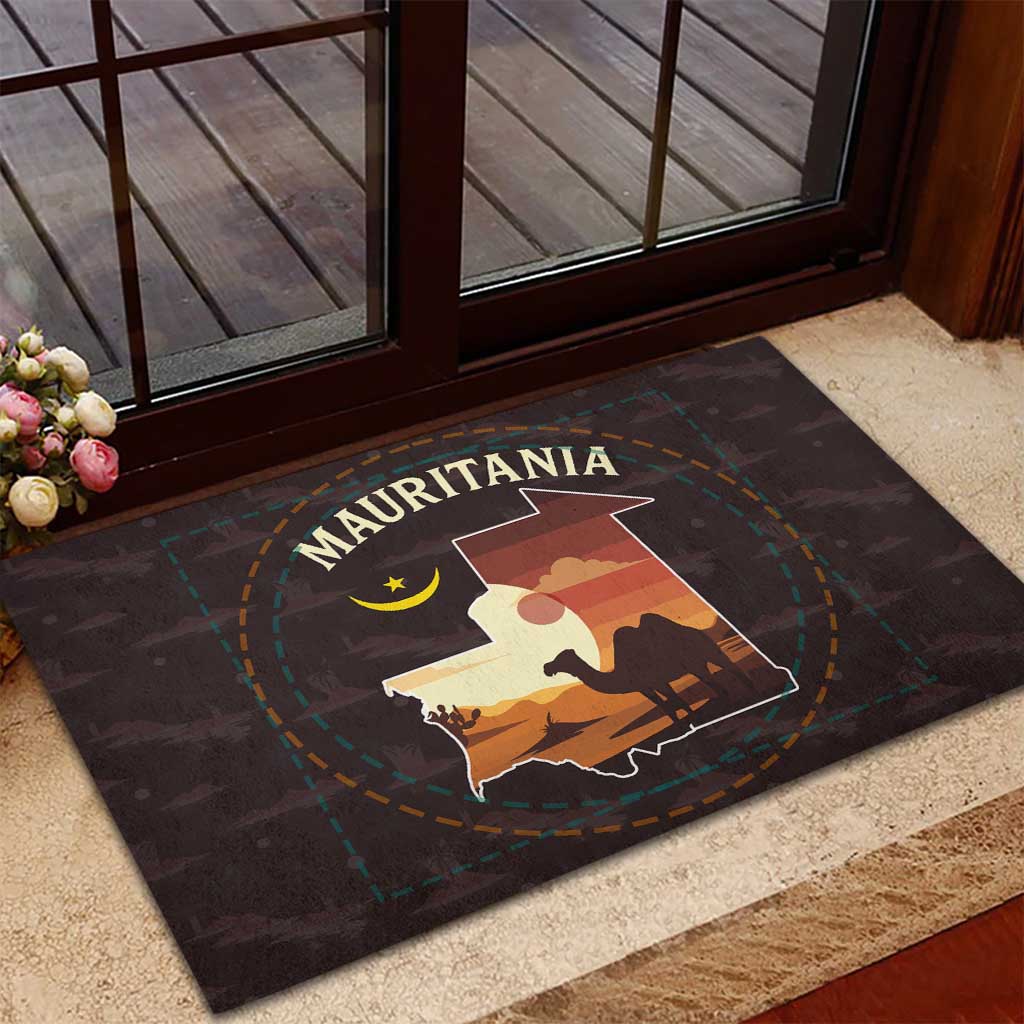 Mauritania Rubber Doormat with Desert Sunset Camel Silhouette and Flag Accents